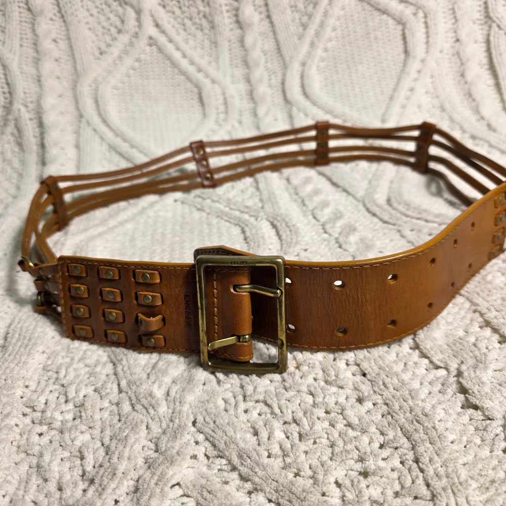 VTG DKNY Belt Brown Cage Strappy Studded Leather Double Prong Women L